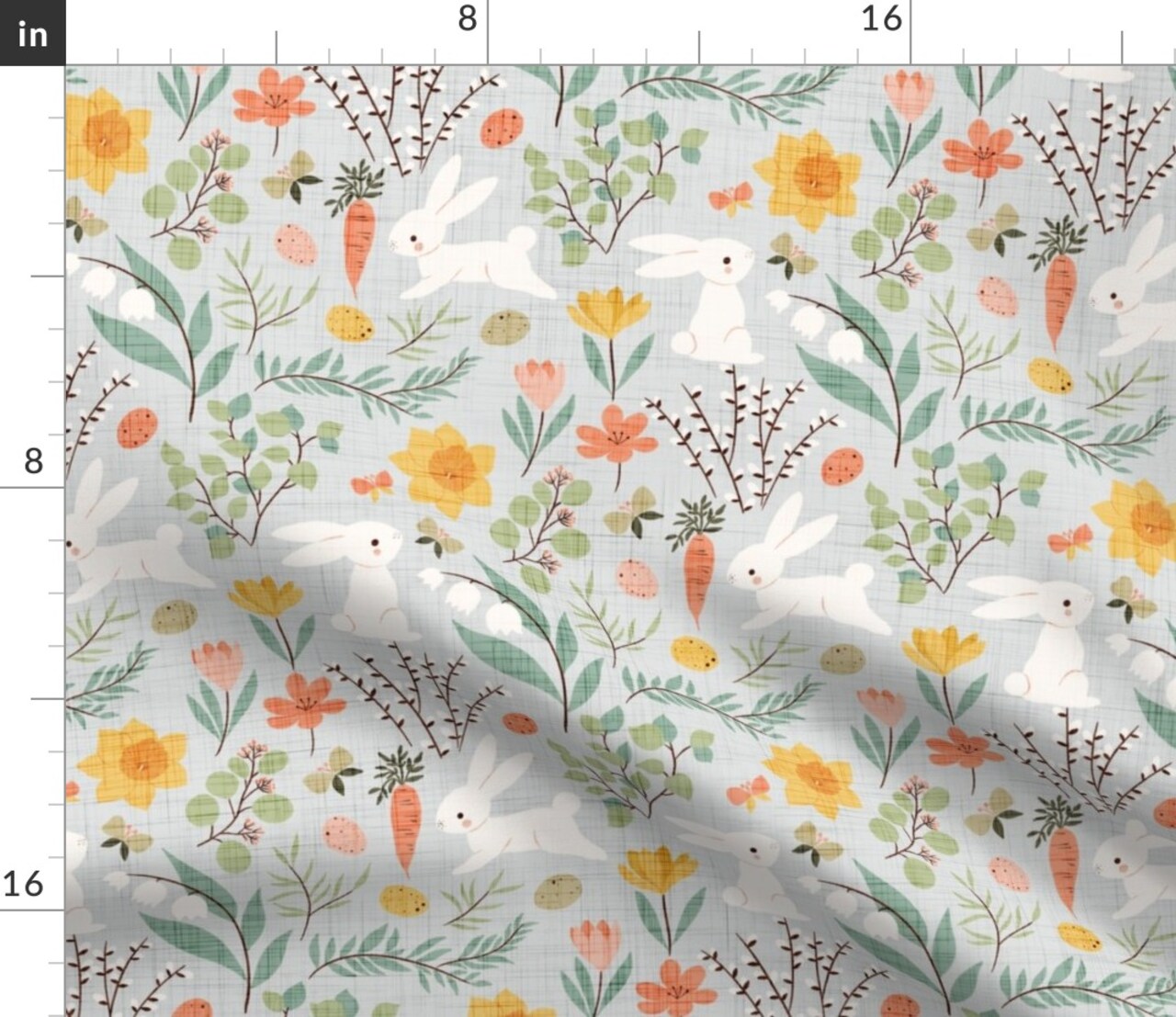 Springtime Garden Nature Easter Floral Bunny Farm Carrots Flowers Vegetables Veggie Easter Egg Eggs Pastel Spring Modern Farmhouse Rustic Custom Printed Fabric by Spoonflower Various Fabrics by the Yard or Fat Quarter
